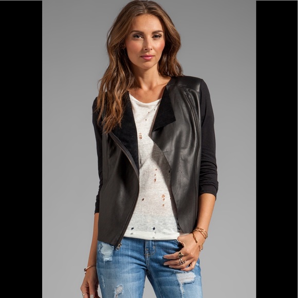 Michael Stars black Leather Contrast Moto Jacket - Picture 3 of 8